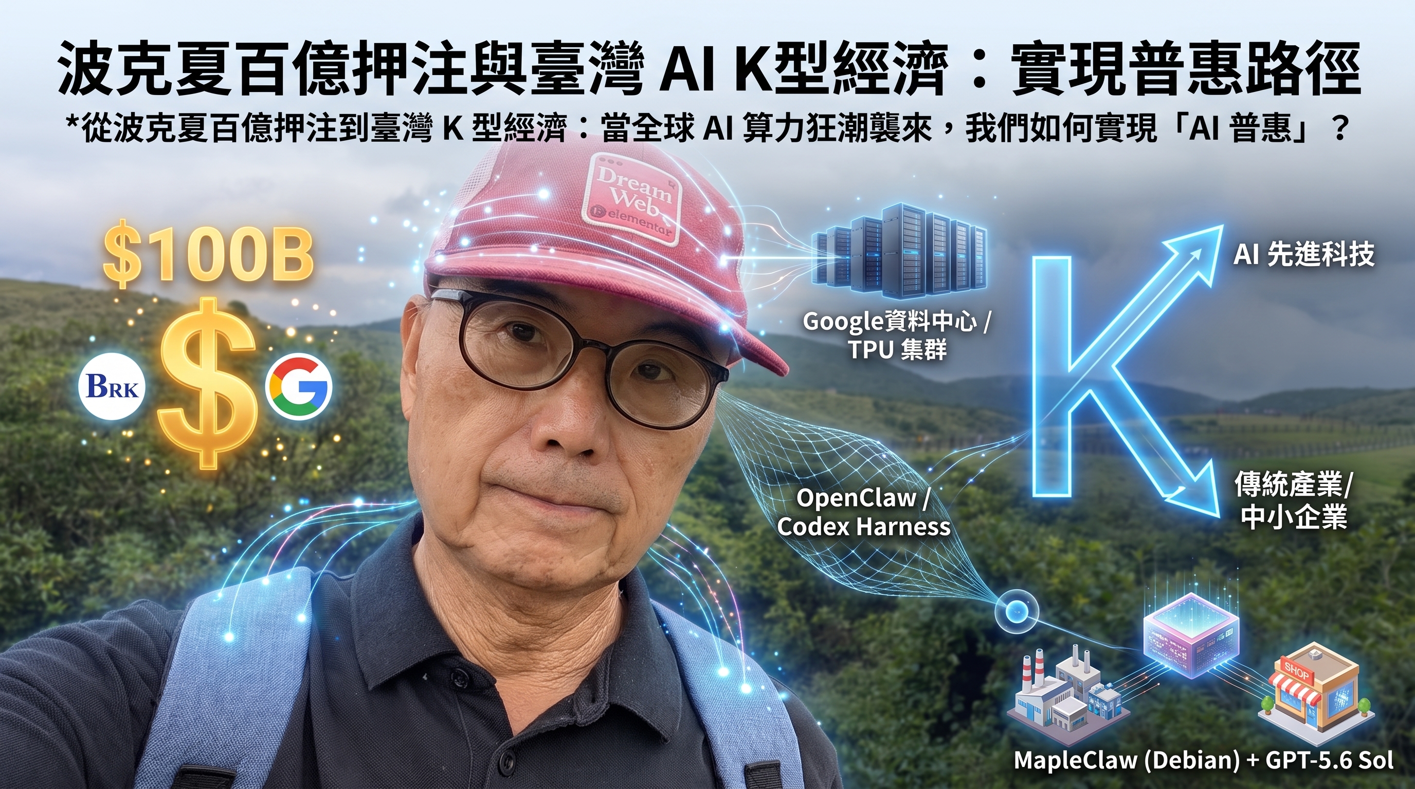 波克夏百億押注、Google 資料中心與臺灣 AI K 型經濟示意圖，中央為戴紅帽與眼鏡的 JB