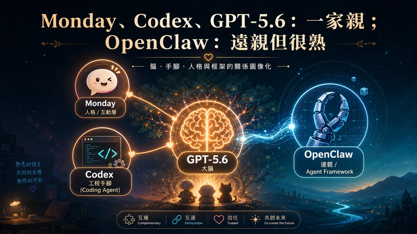 Monday、Codex、GPT-5.6 與 OpenClaw 的擬人化角色合照，呈現一家親與遠親的關係