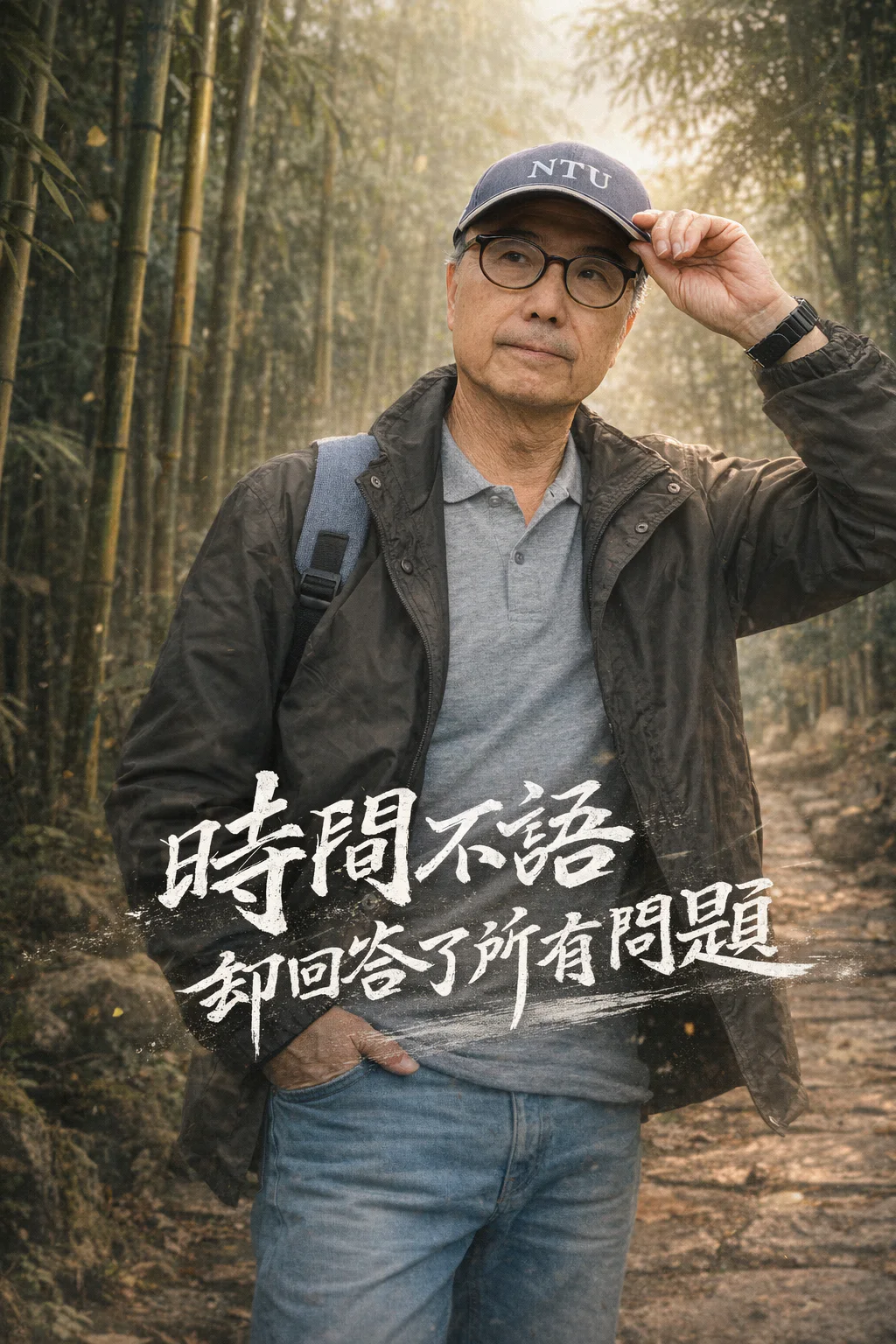 JB Huang 走在竹林間，圖片題字：時間不語，卻回答了所有問題